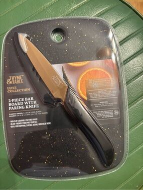 Thyme & Table Luxe Black and Gold Paring Knife with Black Speckled Board